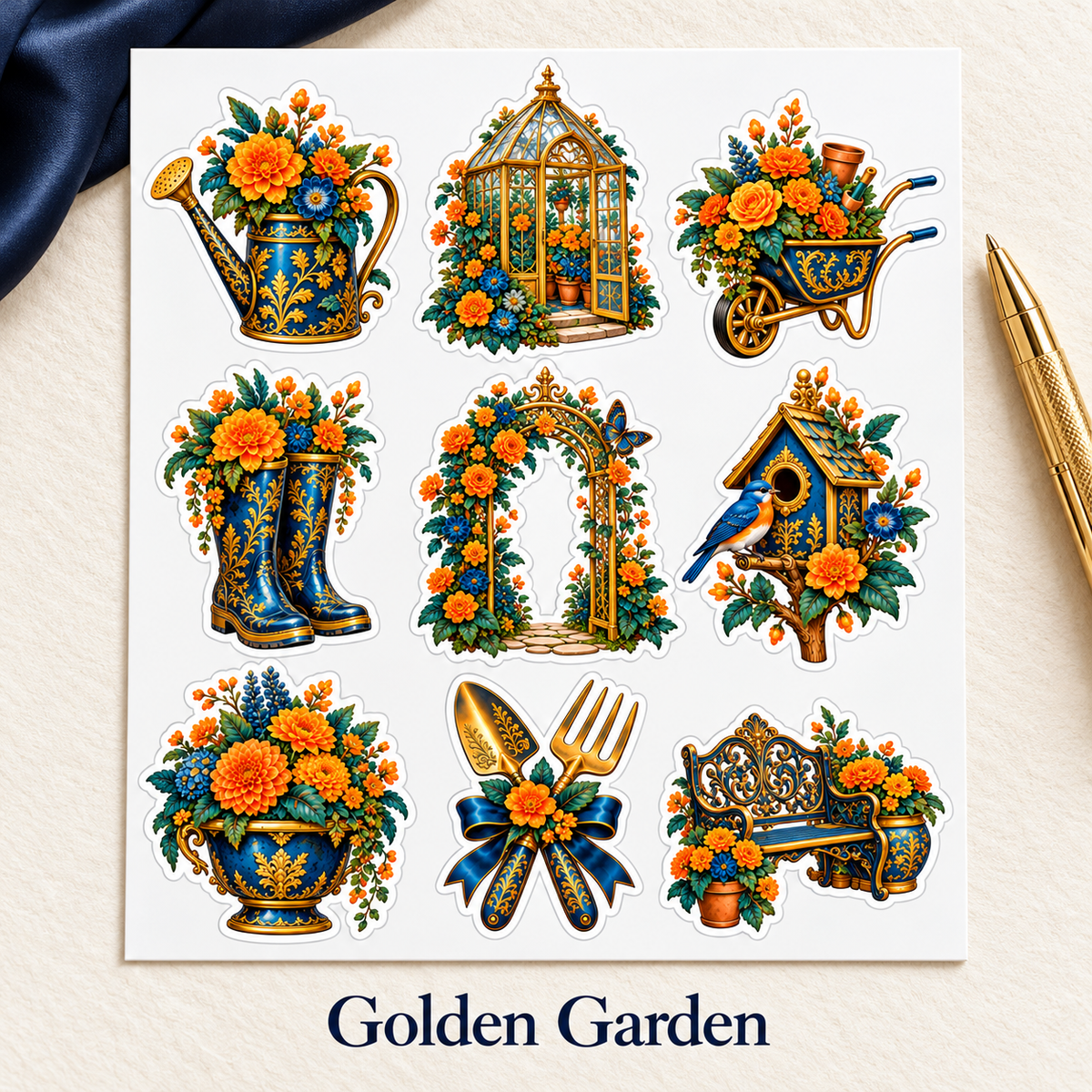 Golden Garden labelled sticker sheet displayed on an ivory desk with navy silk and a gold pen