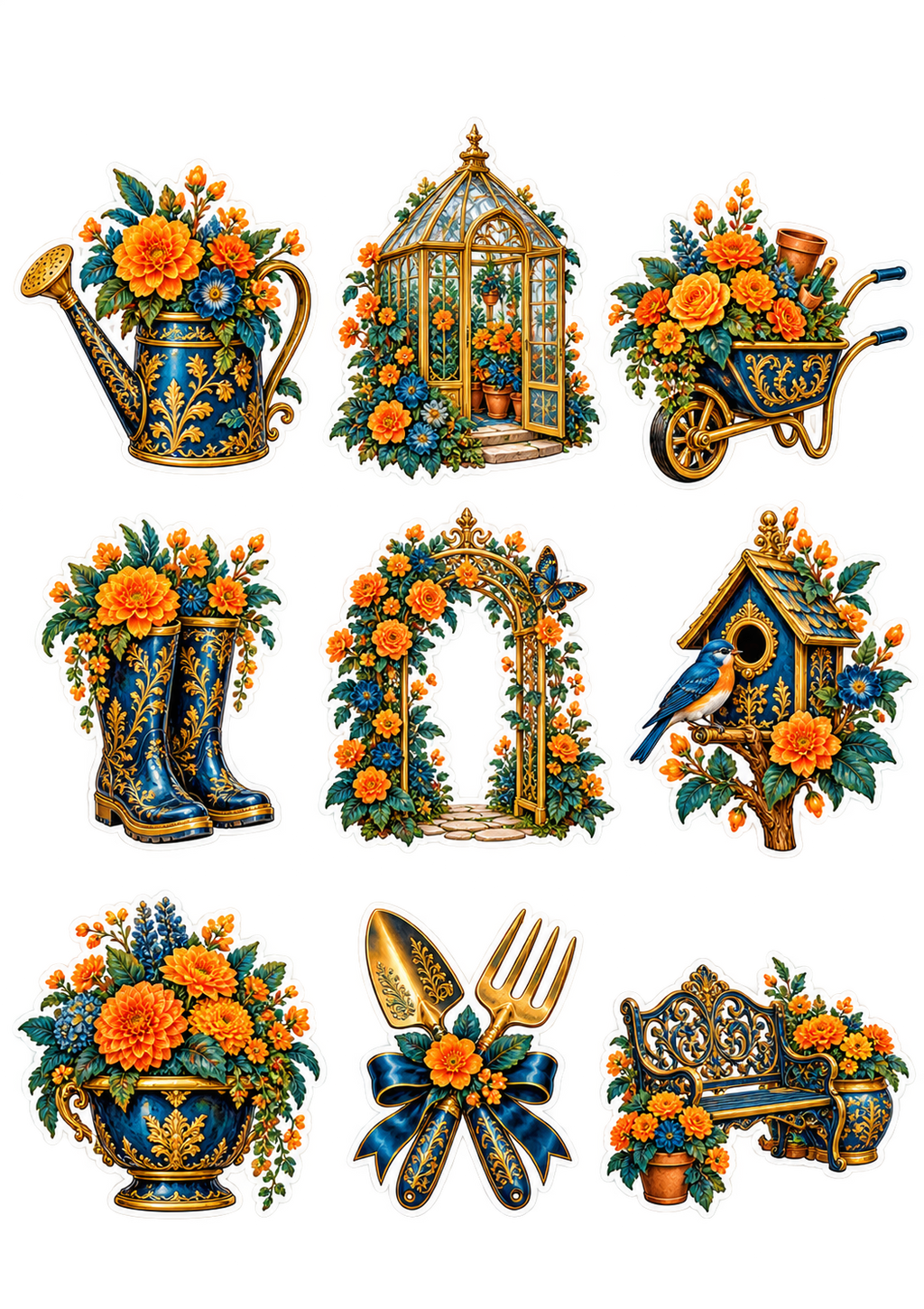 Golden Garden original printed sticker artwork in navy, amber and gold