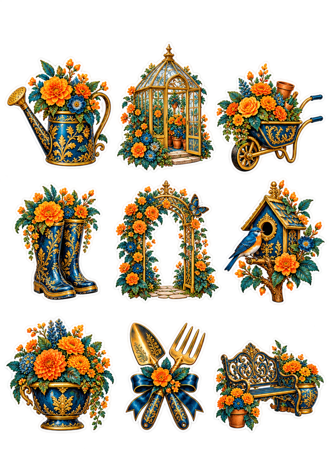 Golden Garden original printed sticker artwork in navy, amber and gold