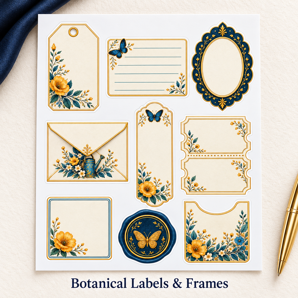 Botanical Labels & Frames labelled sticker sheet displayed on an ivory desk with navy silk and a gold pen