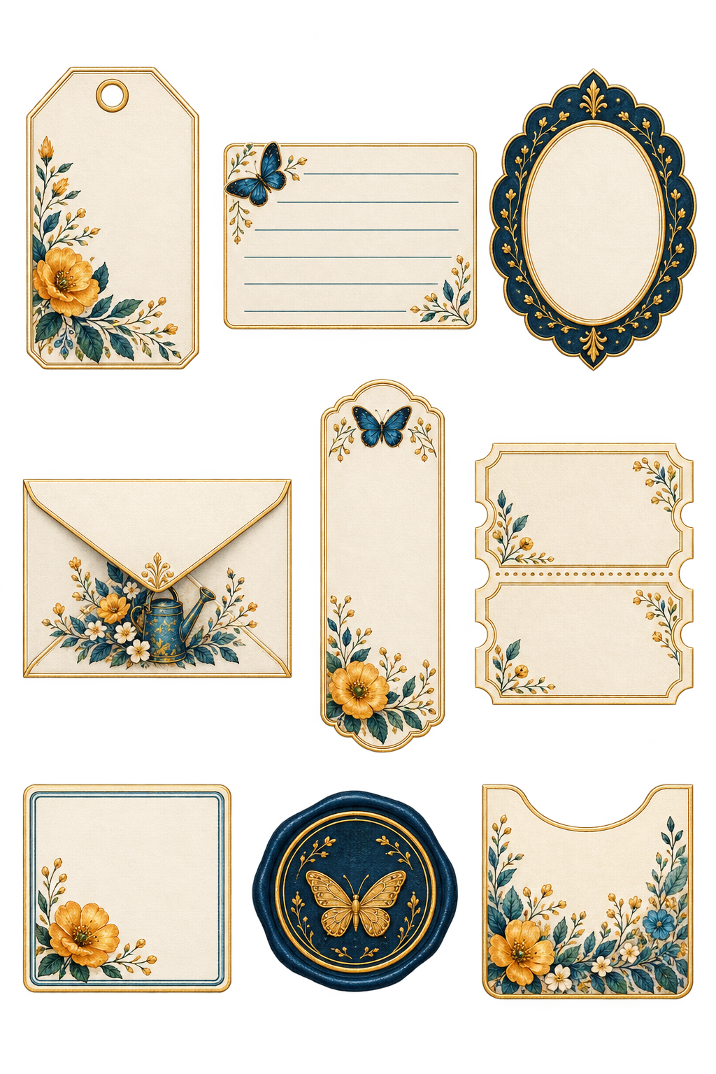 Botanical Labels & Frames original printed sticker artwork in navy, amber and gold