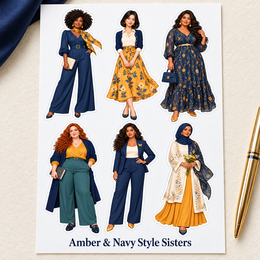 Amber & Navy Style Sisters labelled sticker sheet displayed on an ivory desk with navy silk and a gold pen