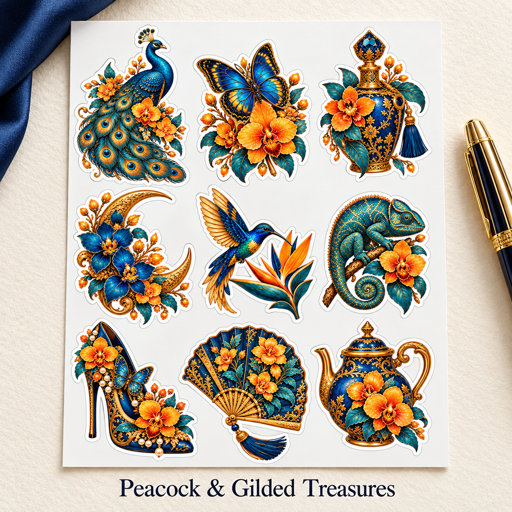 Peacock & Gilded Treasures labelled sticker sheet displayed on an ivory desk with navy silk and a gold pen