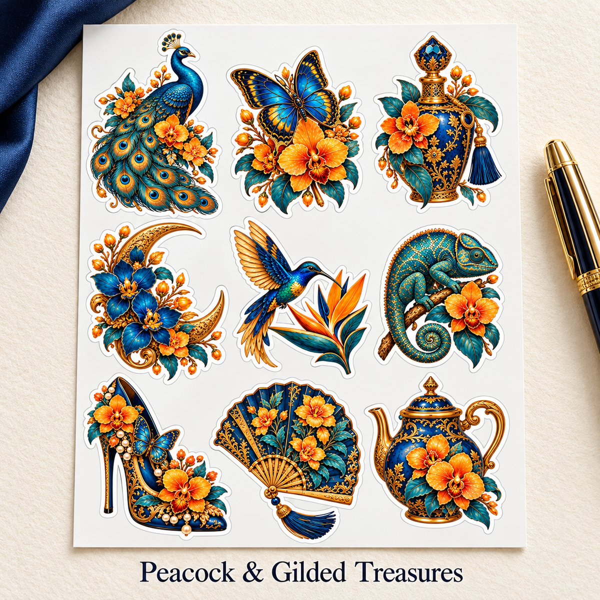 Peacock & Gilded Treasures labelled sticker sheet displayed on an ivory desk with navy silk and a gold pen