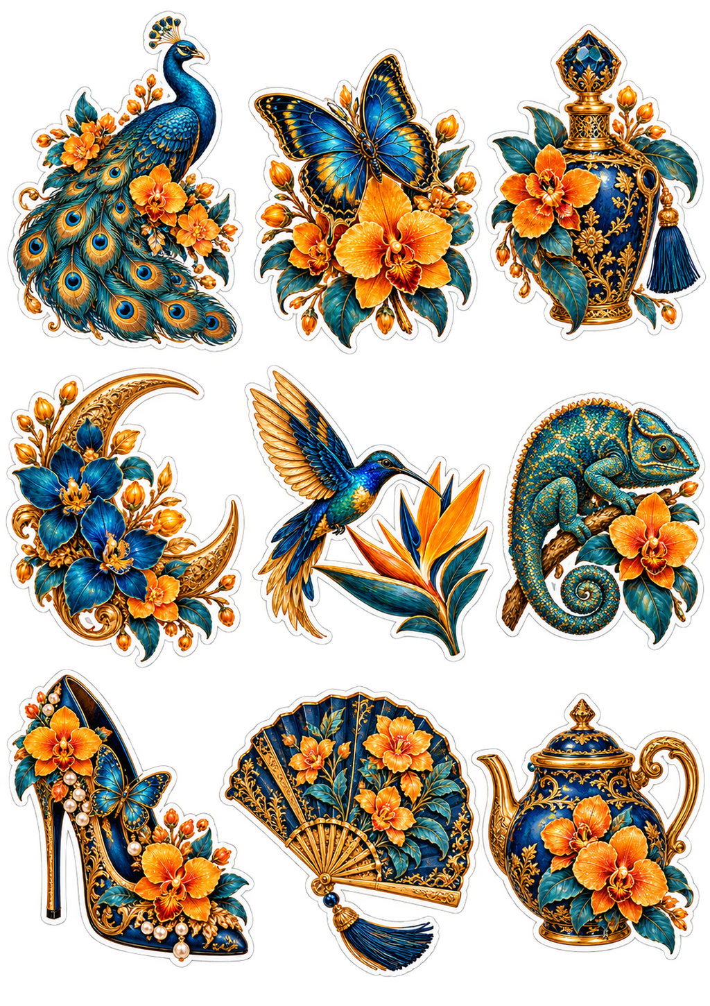 Peacock & Gilded Treasures original printed sticker artwork in navy, amber and gold