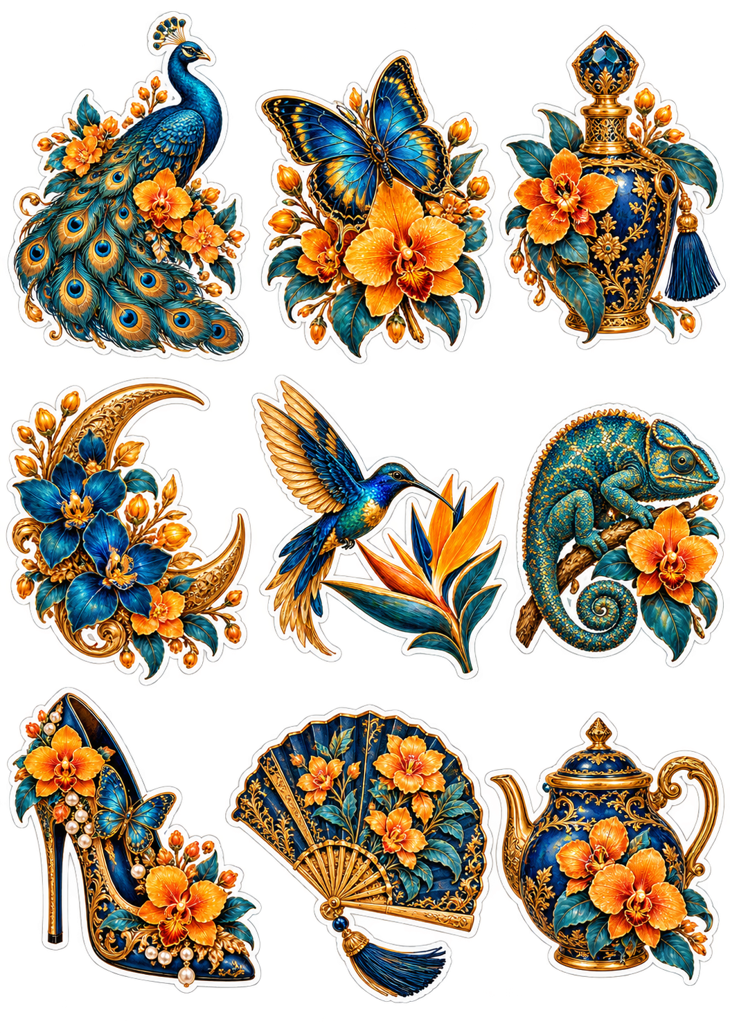 Peacock & Gilded Treasures original printed sticker artwork in navy, amber and gold