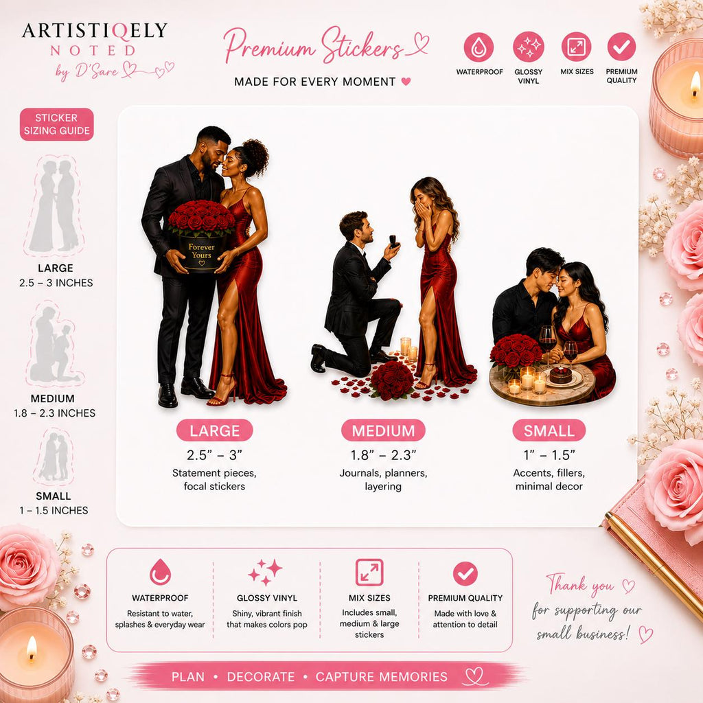 Black woman date night couple stickers on glossy vinyl, featuring romantic journal art and aesthetic designs for planners and journals.