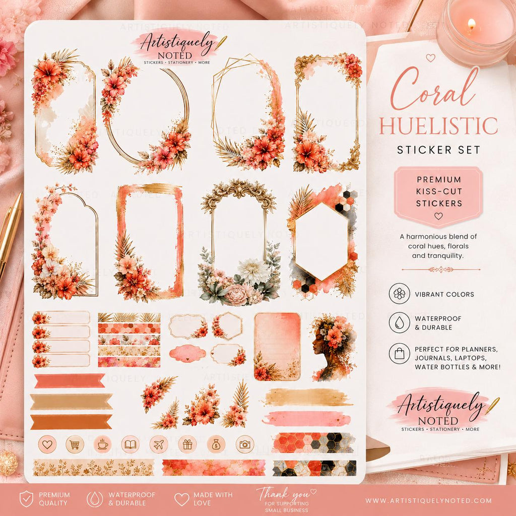 Coral Huelistic sticker set featuring black woman journaling and self-love planner graphics by Artistiqely Noted T/A D'Sare Ltd