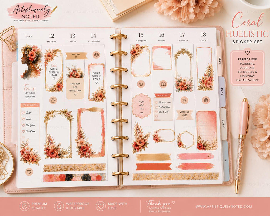 Black woman journaling sticker set featuring coral-themed self-love graphics for planners and scrapbooks by Artistiqely Noted T/A D'Sare Ltd