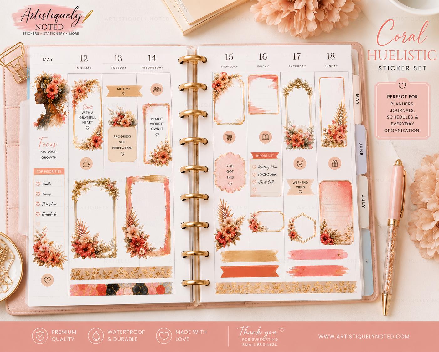 Black woman journaling sticker set featuring coral-themed self-love graphics for planners and scrapbooks by Artistiqely Noted T/A D'Sare Ltd