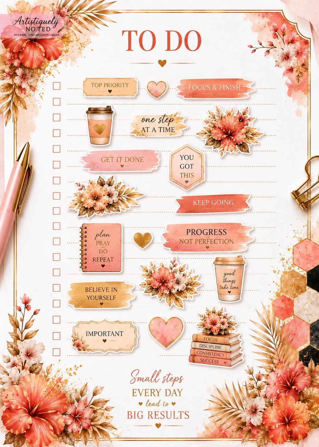 Black woman journaling sticker set featuring self-love planner graphics by Artistiqely Noted T/A D'Sare Ltd, ideal for journaling and planning.