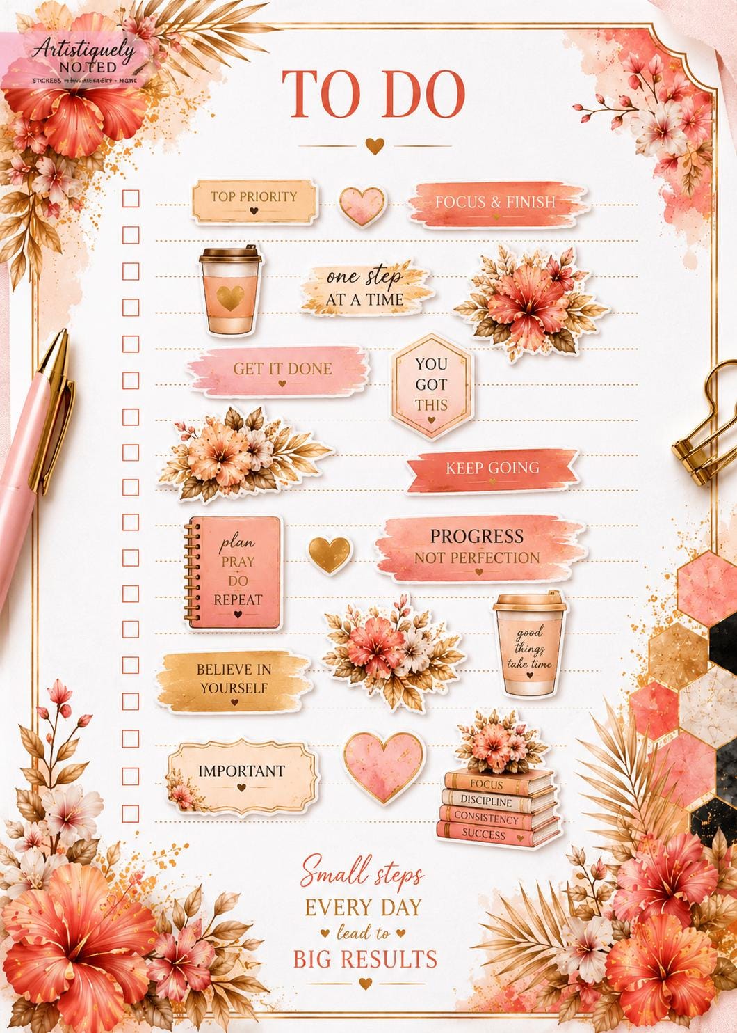Black woman journaling sticker set featuring self-love planner graphics by Artistiqely Noted T/A D'Sare Ltd, ideal for journaling and planning.