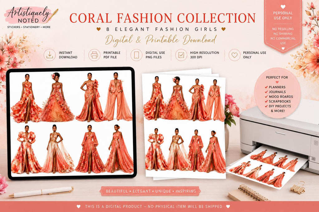 Coral Huelistic Fashion woman sticker from Artistiqely Noted D'Sare Ltd, featuring printable planner stickers with digital dolls for Goodnotes.