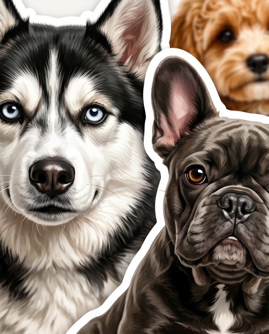 Waterproof dog lover sticker set featuring colorful dog art stickers on a white background, ideal for decorating laptops or water bottles.