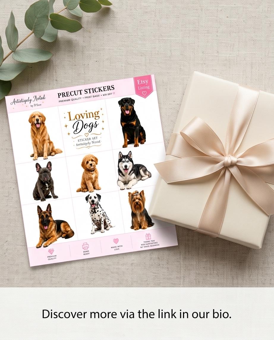 Waterproof dog lover sticker set featuring colorful dog art designs, perfect for decorating notebooks or water bottles.