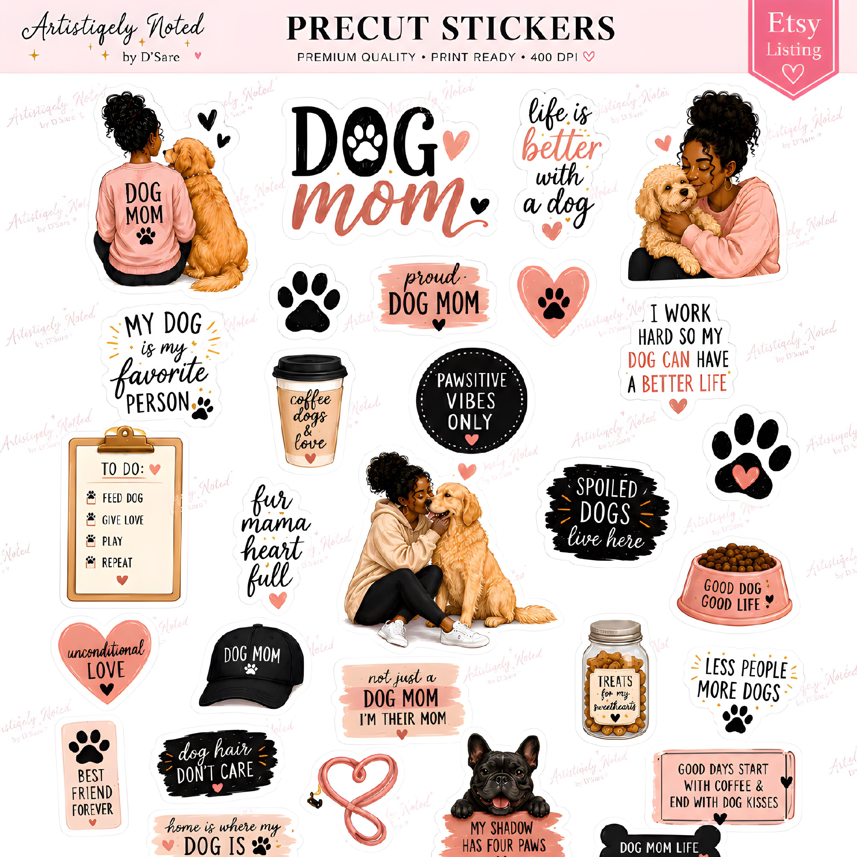 Set of cute dog mom stickers with puppy love quotes and pet life decals, perfect for planners and dog lover gifts.