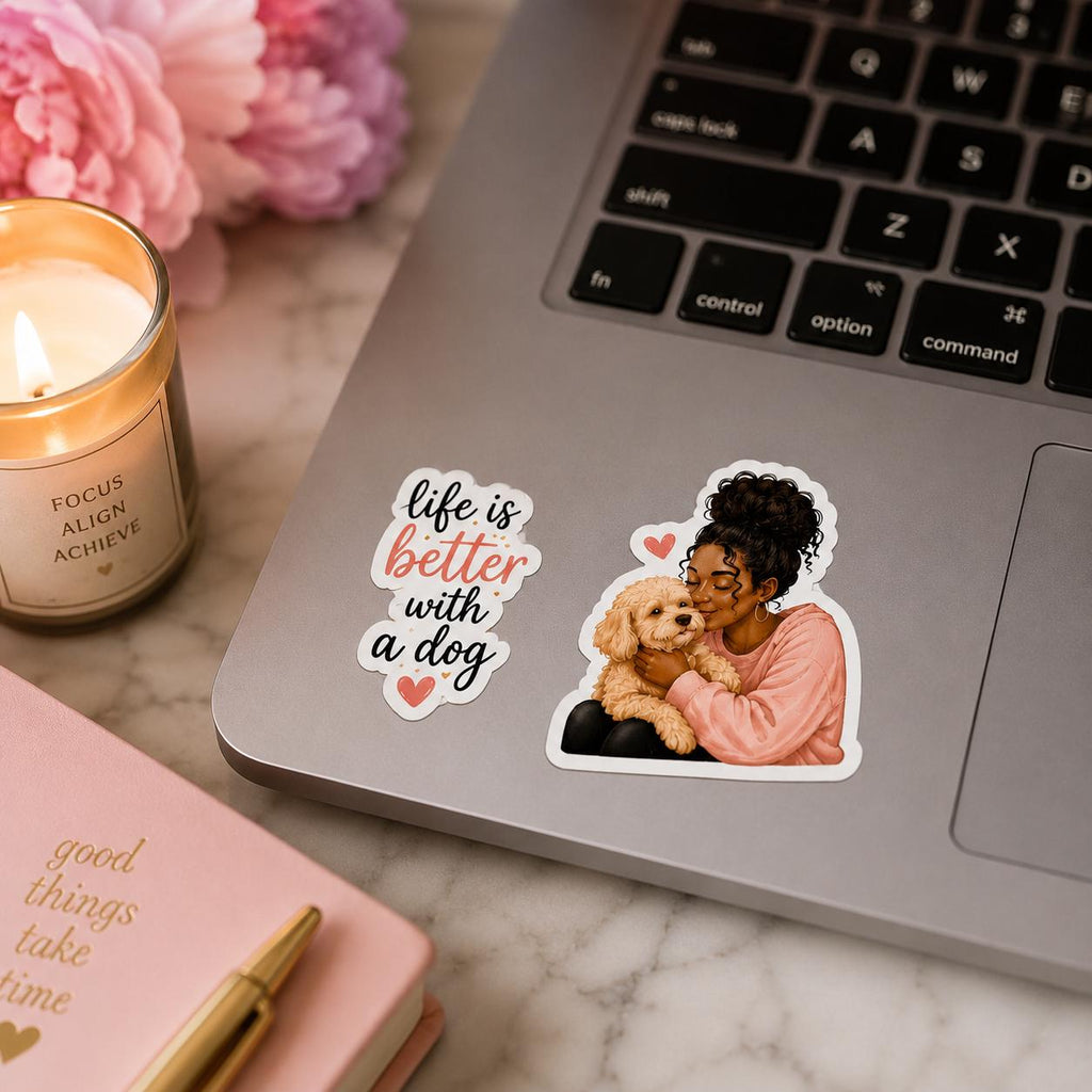 Set of cute dog mom stickers featuring puppy love quotes and pet life decals, perfect for planners and dog lover gifts.