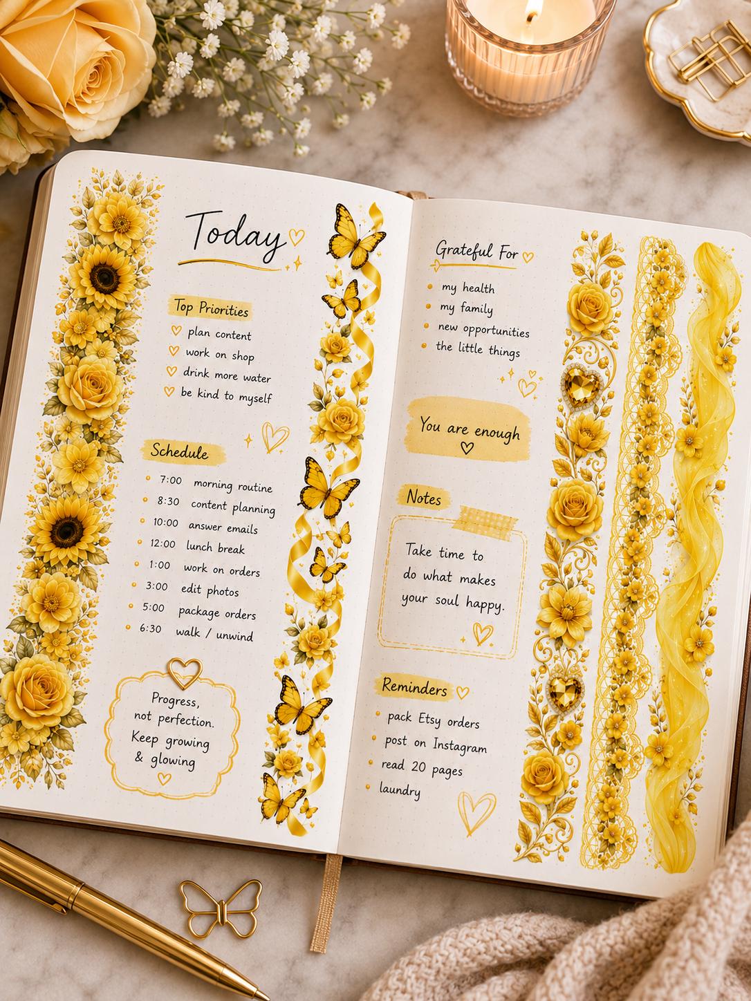 Golden Blooms Borders 01 sticker sheet featuring floral border designs from Artistiqely Noted D'Sare Ltd.
