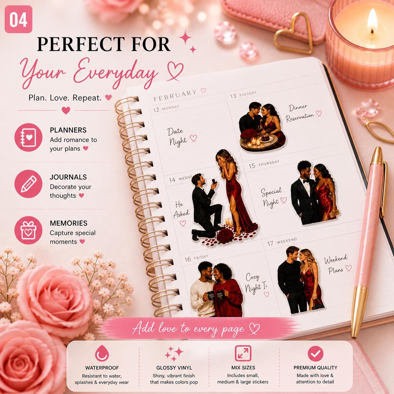 Black woman couple stickers on glossy vinyl for planners and journals, featuring romantic and aesthetic art designs.