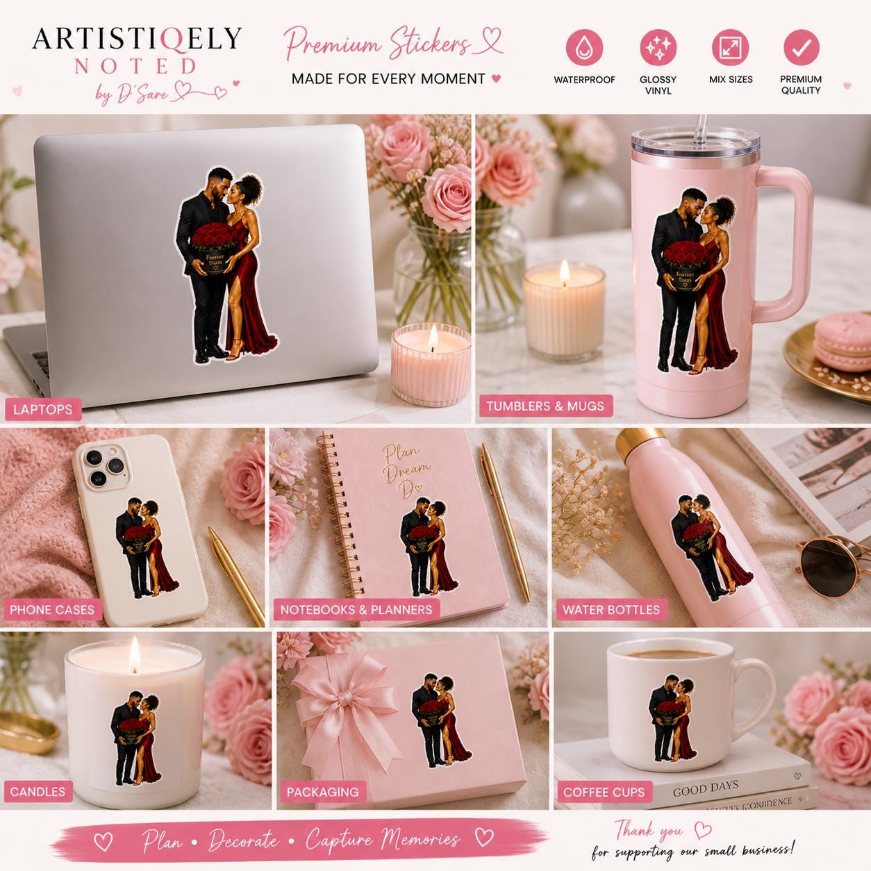 Black woman couple date night stickers on glossy vinyl for planners and journals, featuring romantic and aesthetic artwork.