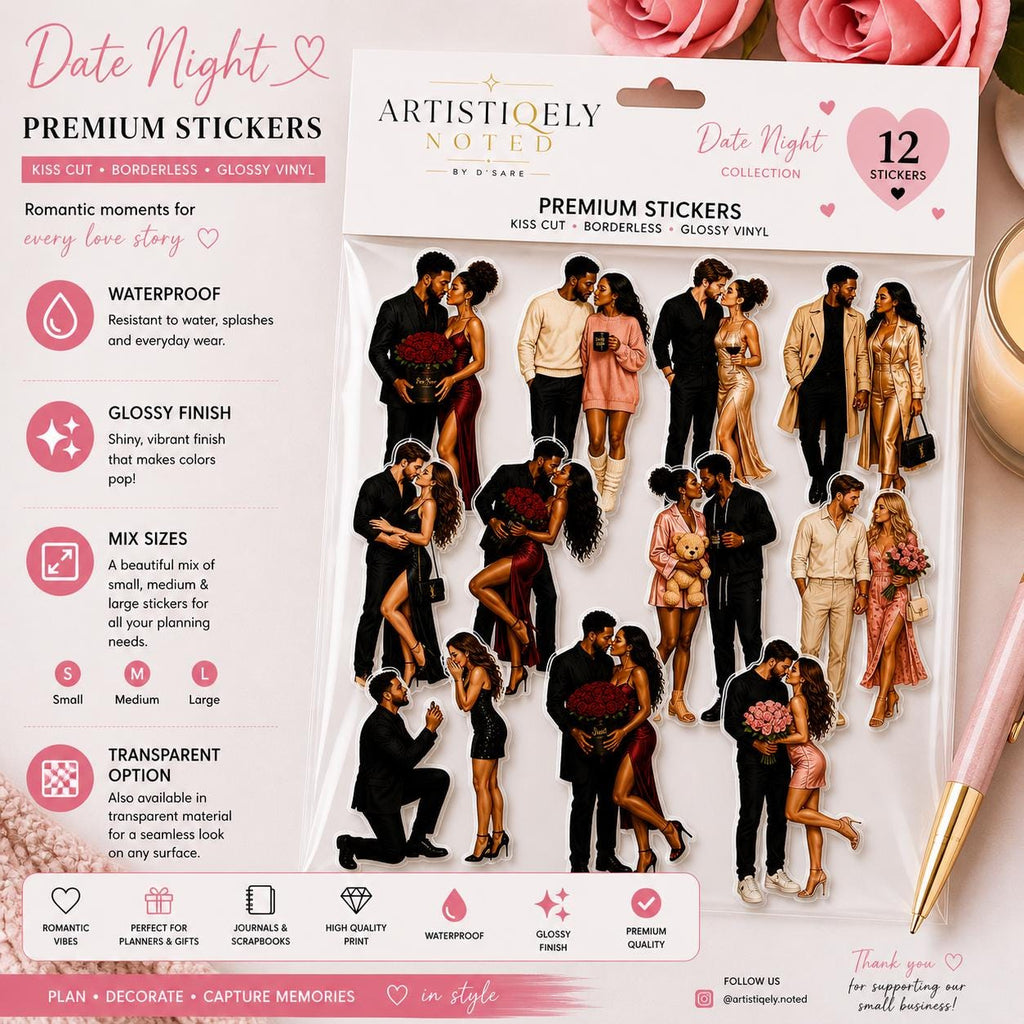 Glossy vinyl planner stickers featuring a Black woman couple for date night, suitable for journals and aesthetic art projects.