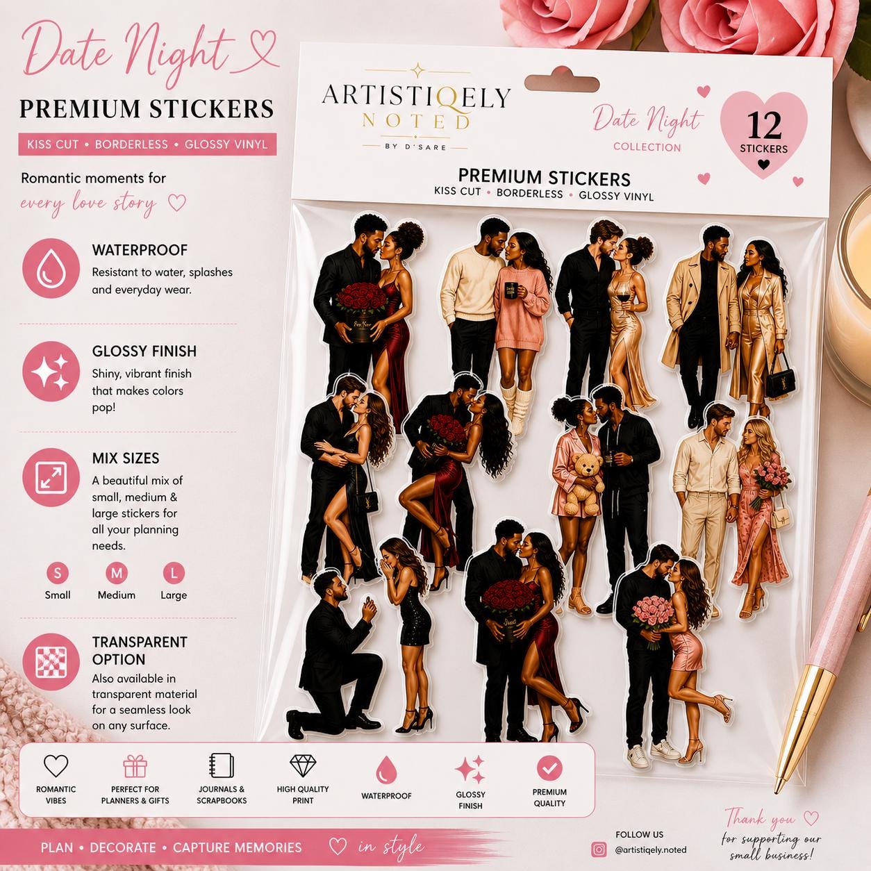 Glossy vinyl planner stickers featuring a Black woman couple for date night, suitable for journals and aesthetic art projects.