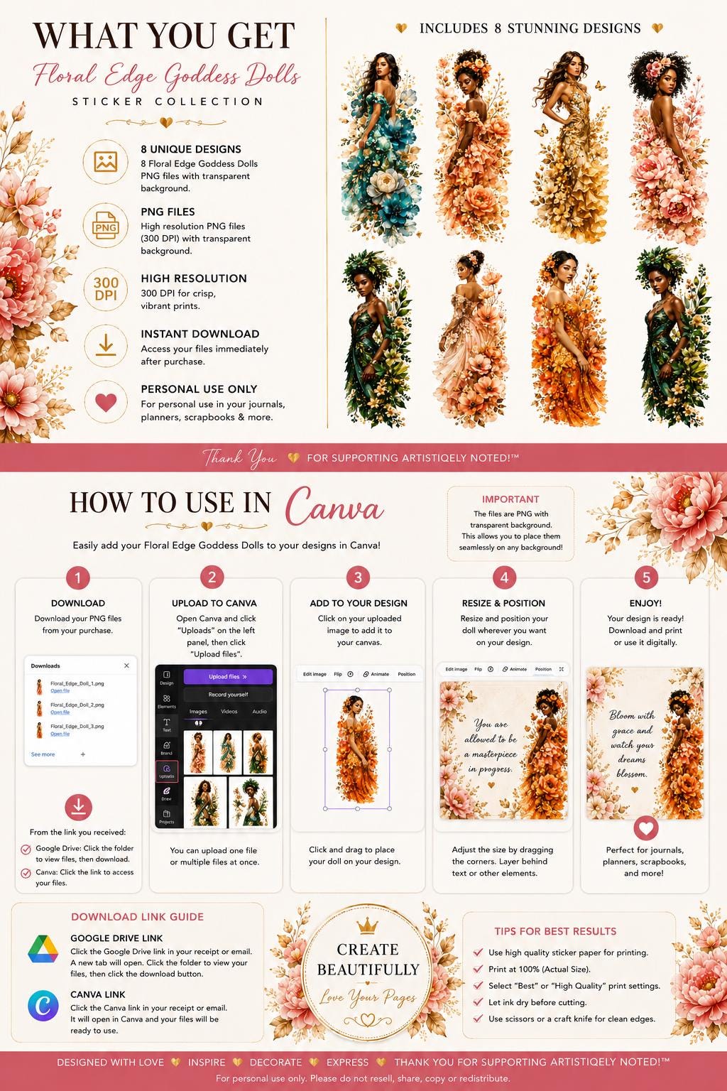Floral Edge Goddess Dolls Sticker Collection, Journals and Planners Digital Download,