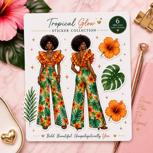 Black Girl Magic journal with tropical glow sticker set featuring vibrant designs and empowering messages for inspired journaling.