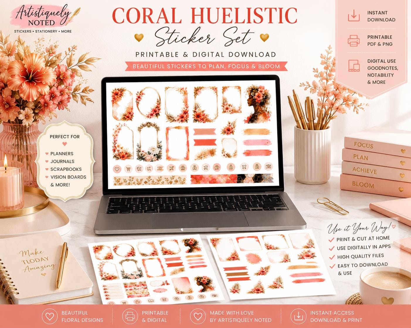 Coral floral printable planner stickers by Artistiqely Noted for digital planners, journal decorating, and Goodnotes sticker books.