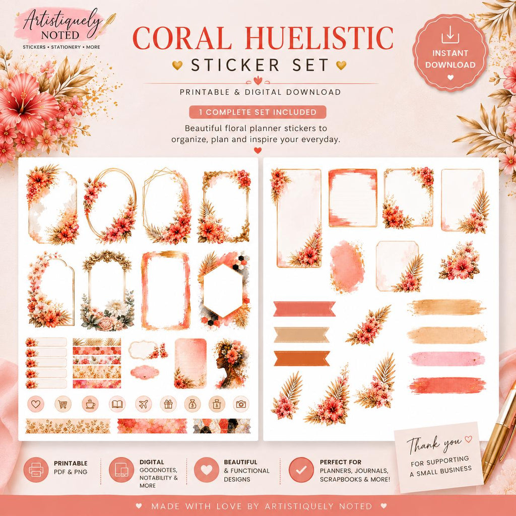 Coral Huelistic printable planner stickers featuring floral designs for digital planners, ideal for Goodnotes and journal decoration.