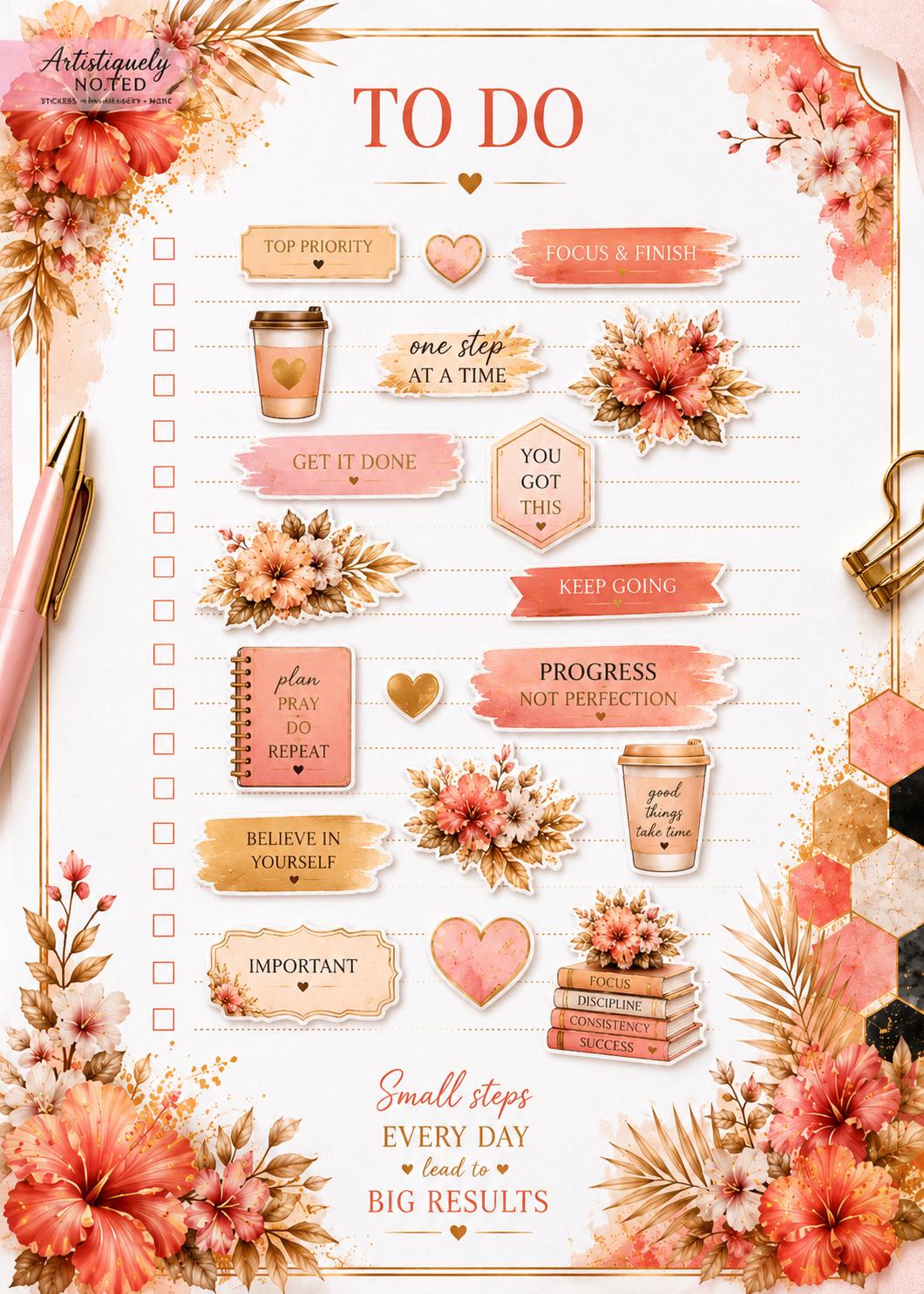 Coral floral printable planner stickers from Artistiqely Noted for Goodnotes digital planner, featuring decorative journal and calendar stickers.