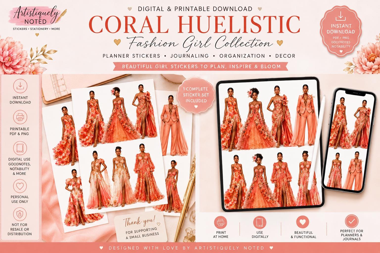 Coral Huelistic Fashion Woman Sticker from Artistiqely Noted for printable planner pages, digital dolls, and Black Girl planner designs