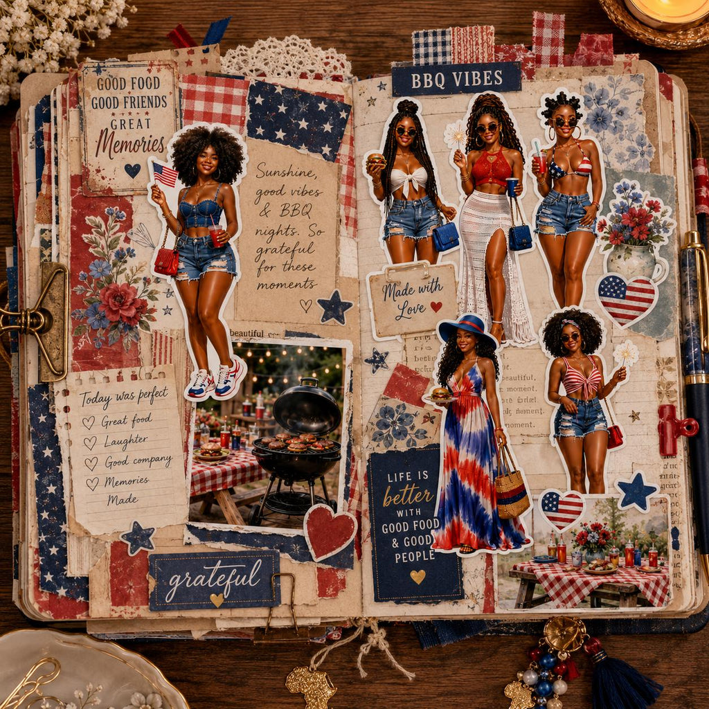 Memorial Day BBQ Black Girl Stickers, Summer Cookout Planner Journal Sheet