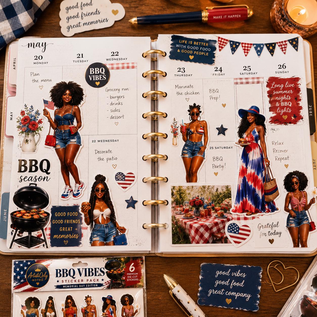 Memorial Day BBQ Black Girl Stickers, Summer Cookout Planner Journal Sheet