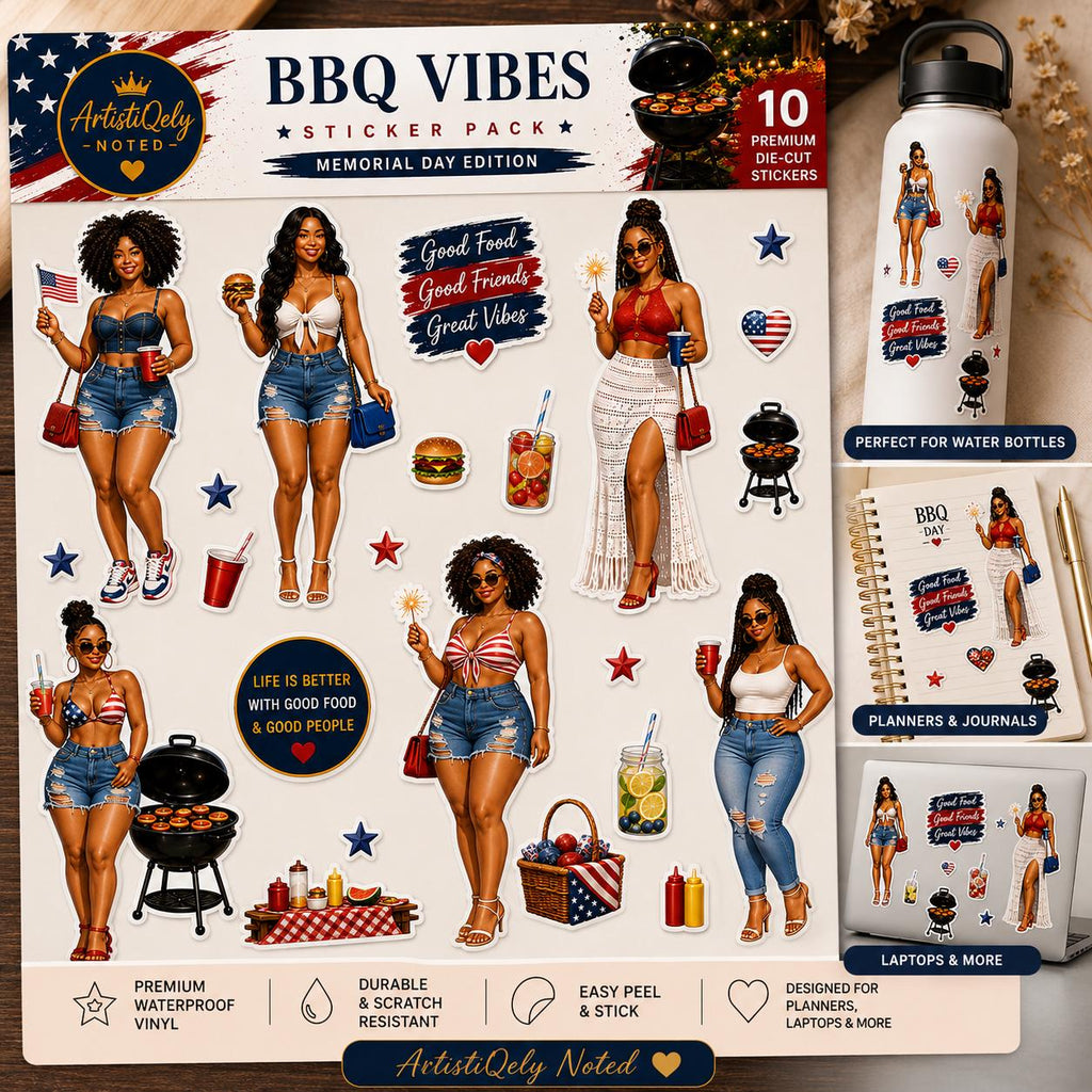BBQ Vibes Sticker Pack, Black Women, Summer Cookout, Patriotic Planner Stickers
