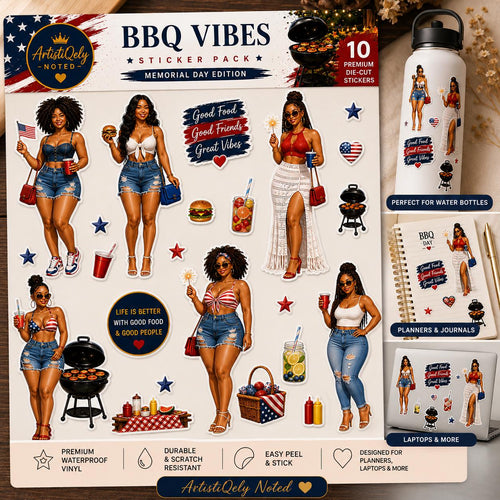 Black women BBQ Vibes sticker pack featuring summer cookout and patriotic designs for planners and scrapbooks.