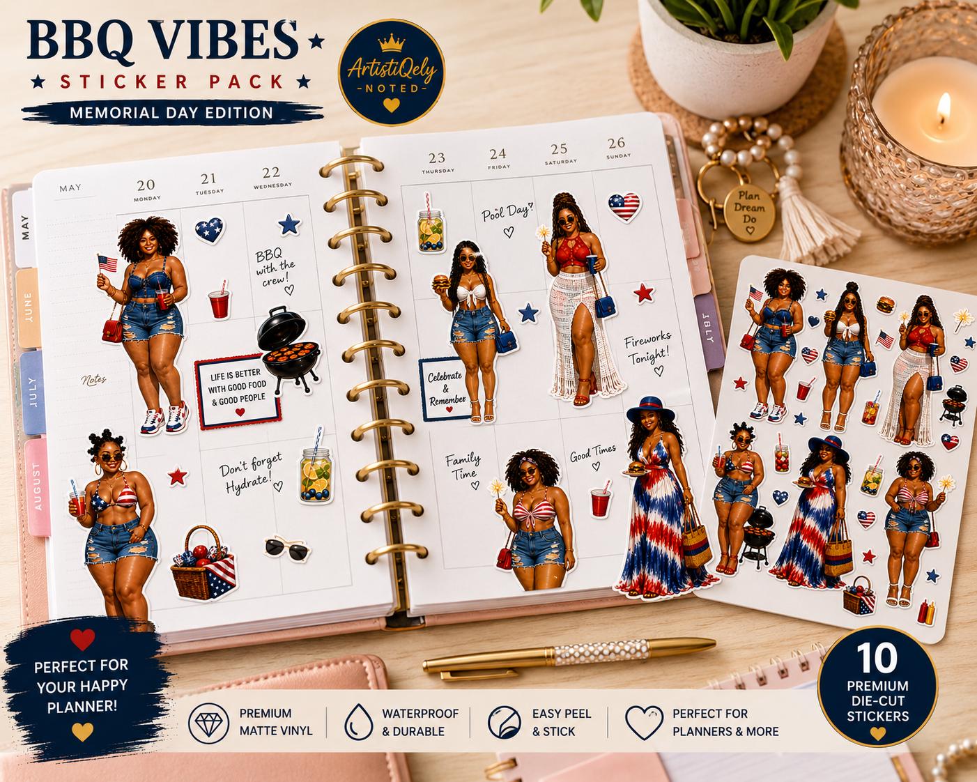 BBQ Vibes Sticker Pack, Black Women Summer Cookout Planner Stickers (Memorial Day Edition)