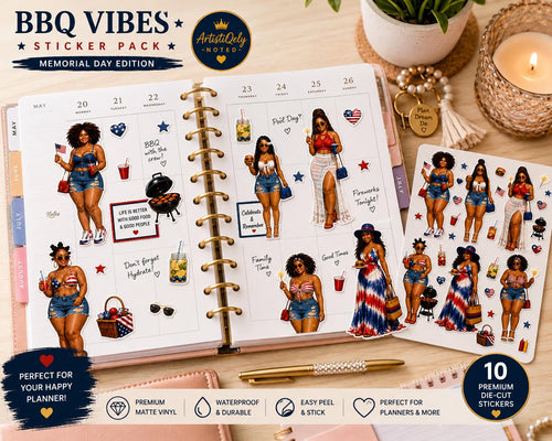 Black women summer cookout planner stickers from the BBQ Vibes Sticker Pack by Artistiqely Noted, featuring Memorial Day themed designs.