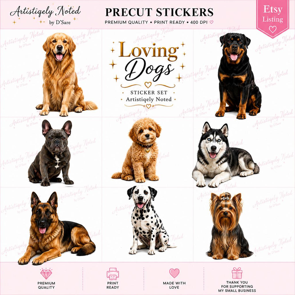 Set of waterproof dog lover stickers featuring colorful dog art designs perfect for decorating laptops, water bottles, and notebooks.