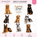 Set of waterproof dog lover stickers featuring colorful dog art designs perfect for decorating laptops, water bottles, and notebooks.