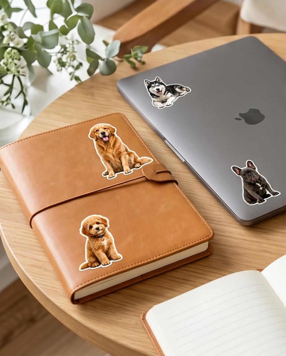 Waterproof Dog Lover sticker set featuring colorful dog art illustrations by Artistiqely Noted T/A D'Sare Ltd