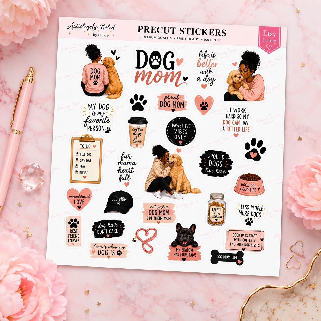 Set of cute dog mom stickers with puppy love quotes and pet decals, perfect for planners and dog lover gifts.