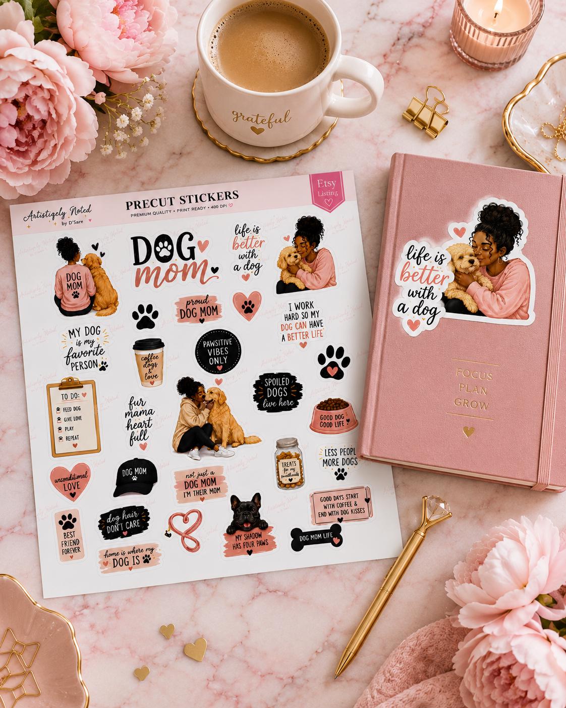 Set of cute dog mom stickers featuring dog lover quotes and puppy love decals, perfect for planners and pet mom gifts.