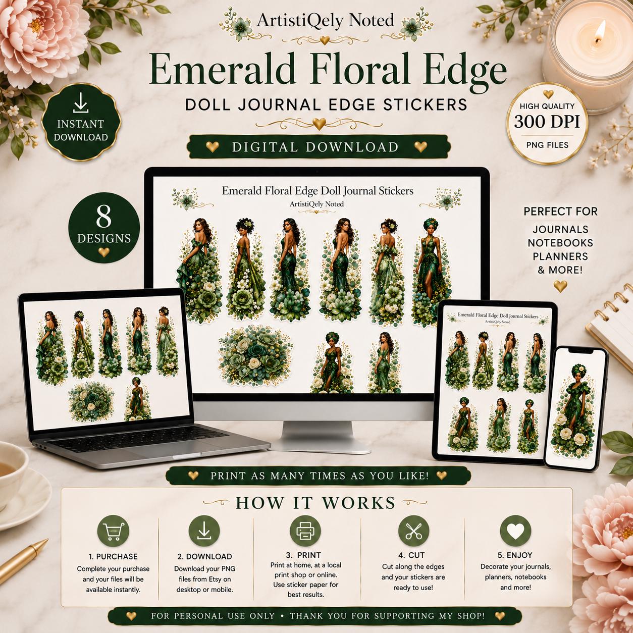 Emerald Green  Floral Edge Goddess Dolls Sticker Collection, Journals and Planners Digital Download