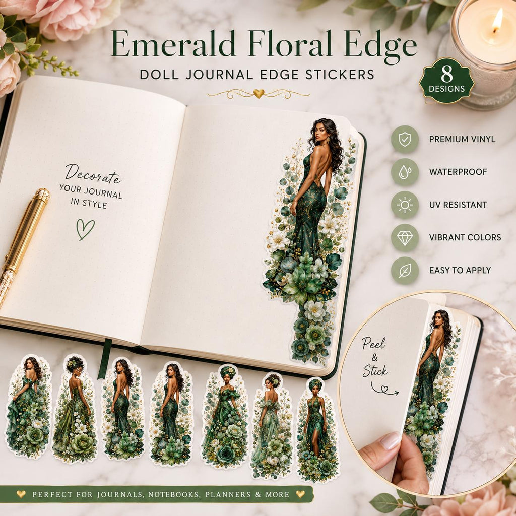 Emerald Green  Floral Edge Goddess Dolls Sticker Collection, Journals and Planners Digital Download