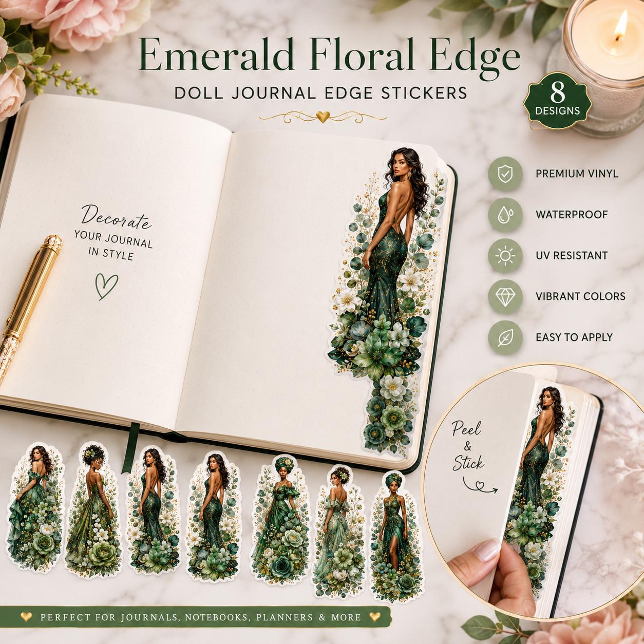 Emerald Green  Floral Edge Goddess Dolls Sticker Collection, Journals and Planners Digital Download