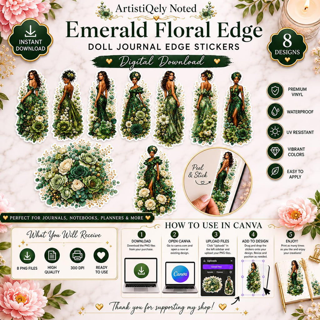 Emerald Green  Floral Edge Goddess Dolls Sticker Collection, Journals and Planners Digital Download