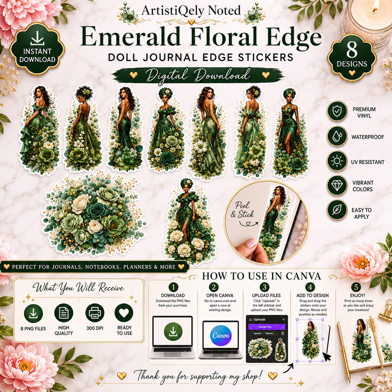 Emerald Green  Floral Edge Goddess Dolls Sticker Collection, Journals and Planners Digital Download