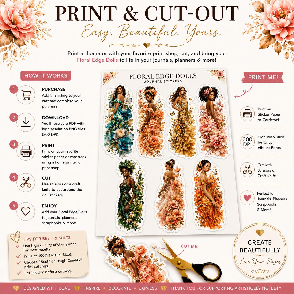 Floral Edge Goddess Dolls Sticker Collection, Journals and Planners Digital Download,