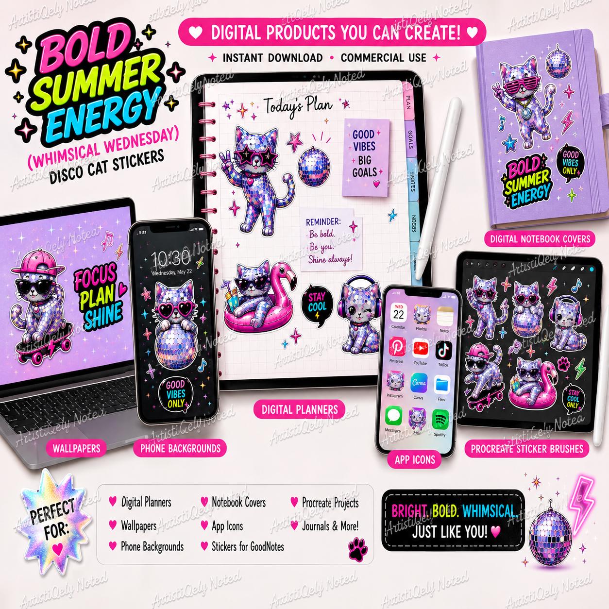 Holographic Disco Cat PNG Sticker Sheet | Digital Download, Transparent Clipart, Kawaii Cat, Sublimation, Instant Download